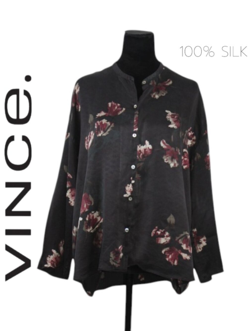 Vince 100% Silk Black Floral Shirt with Crewneck & Button Down Front Size Large